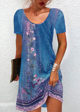 Momentlover Classy Green O-Neck Print Mid Dress Short Sleeve LY1967
