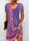 Momentlover Classy Green O-Neck Print Mid Dress Short Sleeve LY1967