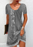 Momentlover Classy Green O-Neck Print Mid Dress Short Sleeve LY1967
