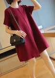 Momentlover Classy Mulberry O-Neck Wrinkled Cotton Mini Dress Summer LY1466