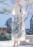 Momentlover Classy White Stand Collar Tasseled Patchwork Print Chiffon Dress Summer LY1762