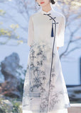 Momentlover Classy White Stand Collar Tasseled Patchwork Print Chiffon Dress Summer LY1762