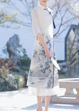 Momentlover Classy White Stand Collar Tasseled Patchwork Print Chiffon Dress Summer LY1762