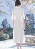 Momentlover Classy White Stand Collar Tasseled Patchwork Print Chiffon Dress Summer LY1762
