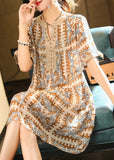 Momentlover Coffee Nail Bead Party Chiffon Long Dress Short Sleeve LY1572