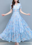 Momentlover DIY Light Blue Print Chiffon Long Beach Dresses Summer LY1797