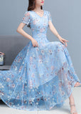 Momentlover DIY Light Blue Print Chiffon Long Beach Dresses Summer LY1797