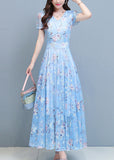 Momentlover DIY Light Blue Print Chiffon Long Beach Dresses Summer LY1797