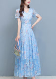 Momentlover DIY Light Blue Print Chiffon Long Beach Dresses Summer LY1797
