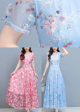 Momentlover DIY Light Blue Print Chiffon Long Beach Dresses Summer LY1797