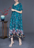 Momentlover DIY Peacock Green Oversized Print Wrinkled Silk Maxi Dress Summer LY1924