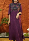 Momentlover DIY Purple Mandarin Collar Patchwork Jacquard Silk Dresses Half Sleeve LY1697