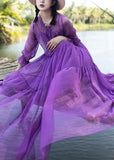 Momentlover DIY Purple O-Neck Neck Tie Patchwork Chiffon Long Holiday Dresses Spring LY1777