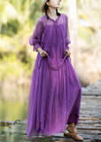 Momentlover DIY Purple O-Neck Neck Tie Patchwork Chiffon Long Holiday Dresses Spring LY1777