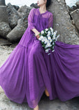 Momentlover DIY Purple O-Neck Neck Tie Patchwork Chiffon Long Holiday Dresses Spring LY1777
