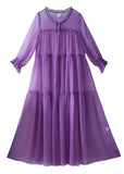 Momentlover DIY Purple O-Neck Neck Tie Patchwork Chiffon Long Holiday Dresses Spring LY1777
