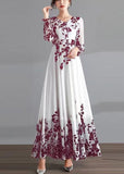 Momentlover DIY Red O-Neck Print Tunic Chiffon Holiday Long Dresses Long Sleeve LY1777