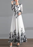 Momentlover DIY Red O-Neck Print Tunic Chiffon Holiday Long Dresses Long Sleeve LY1777