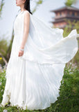Momentlover Diy White V Neck Wrinkled Patchwork Chiffon Dresses Summer LY1697