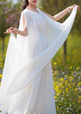 Momentlover Diy White V Neck Wrinkled Patchwork Chiffon Dresses Summer LY1697