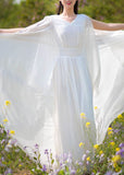 Momentlover Diy White V Neck Wrinkled Patchwork Chiffon Dresses Summer LY1697