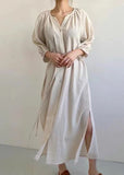 Momentlover Elegant Beige Oversized Side Open Tie Waist Cotton Dress Bracelet Sleeve LY1722