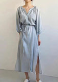 Momentlover Elegant Beige Oversized Side Open Tie Waist Cotton Dress Bracelet Sleeve LY1722