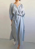 Momentlover Elegant Beige Oversized Side Open Tie Waist Cotton Dress Bracelet Sleeve LY1722