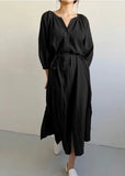 Momentlover Elegant Beige Oversized Side Open Tie Waist Cotton Dress Bracelet Sleeve LY1722