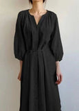 Momentlover Elegant Beige Oversized Side Open Tie Waist Cotton Dress Bracelet Sleeve LY1722