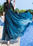 Momentlover Elegant Blue O-Neck Print Party Chiffon Long Dress Half Sleeve LY1776