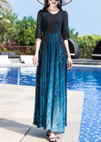Momentlover Elegant Blue O-Neck Print Party Chiffon Long Dress Half Sleeve LY1776