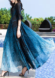 Momentlover Elegant Blue O-Neck Print Party Chiffon Long Dress Half Sleeve LY1776
