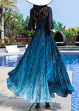 Momentlover Elegant Blue O-Neck Print Party Chiffon Long Dress Half Sleeve LY1776