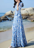 Momentlover Elegant Blue V Neck Print Elastic Waist Chiffon Vacation Maxi Dresses Flare Sleeve LY1697