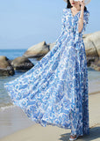 Momentlover Elegant Blue V Neck Print Elastic Waist Chiffon Vacation Maxi Dresses Flare Sleeve LY1697