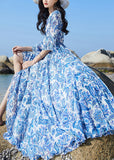 Momentlover Elegant Blue V Neck Print Elastic Waist Chiffon Vacation Maxi Dresses Flare Sleeve LY1697