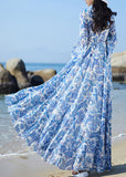 Momentlover Elegant Blue V Neck Print Elastic Waist Chiffon Vacation Maxi Dresses Flare Sleeve LY1697