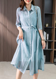 Momentlover Elegant Light Blue Peter Pan Collar Tie Waist Solid Linen Maxi Dresses Summer LY1744