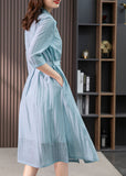 Momentlover Elegant Light Blue Peter Pan Collar Tie Waist Solid Linen Maxi Dresses Summer LY1744