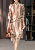 Momentlover Elegant Light Coffee O-Neck Striped Side Open Silk Maxi Dress Half Sleeve LY1756