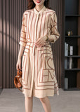 Momentlover Elegant Light Coffee O-Neck Striped Side Open Silk Maxi Dress Half Sleeve LY1756