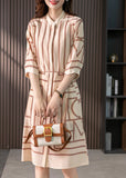 Momentlover Elegant Light Coffee O-Neck Striped Side Open Silk Maxi Dress Half Sleeve LY1756