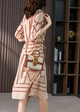 Momentlover Elegant Light Coffee O-Neck Striped Side Open Silk Maxi Dress Half Sleeve LY1756