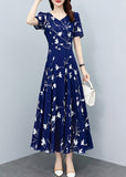 Momentlover Elegant Navy Blue V Neck Print Slim Chiffon Maxi Dresses Summer LY1766