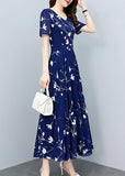 Momentlover Elegant Navy Blue V Neck Print Slim Chiffon Maxi Dresses Summer LY1766