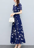 Momentlover Elegant Navy Blue V Neck Print Slim Chiffon Maxi Dresses Summer LY1766