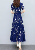 Momentlover Elegant Navy Blue V Neck Print Slim Chiffon Maxi Dresses Summer LY1766