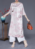 Momentlover Elegant Pink O-Neck Print Tassel Silk Long Dress Half Sleeve LY1972