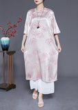 Momentlover Elegant Pink O-Neck Print Tassel Silk Long Dress Half Sleeve LY1972